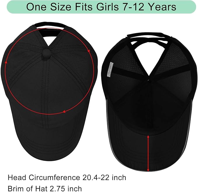 Girls Criss Cross Ponytail Hat Mesh Baseball Cap Kids Quick Dry Ponycap Hats Outdoor Summer Sports Hat Age 7-12
