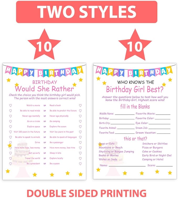 ALodr Girls Birthday Party Set, 20 Birthday Double Sided Cards Set, Girls - Image 3