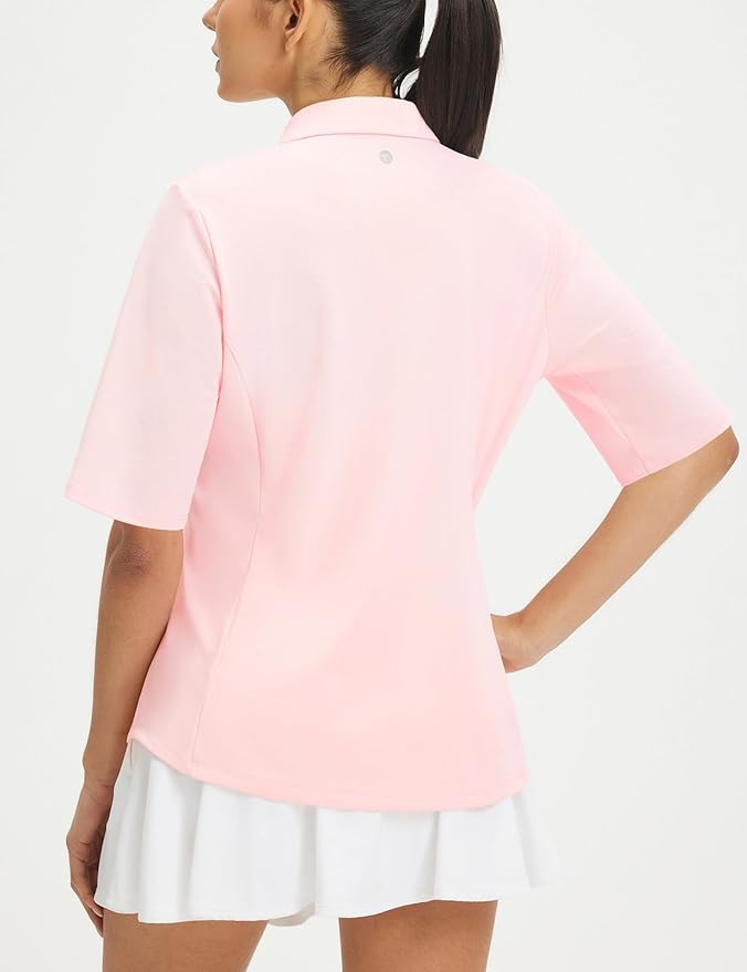 baleaf Women's Golf Shirts Half Sleeve Elbow Length Sleeves Polo Tops Workout Athletic Collared Quarter Zip V Neck UPF