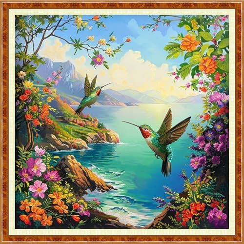 Joyhoor Stamped Cross Stitch Kits for Beginners Needlepoint Kits for Adults Embroidery Kits 11CT Counted Cross Stitch Kits Printed Embroidery Pattern- Seaside Bird Scenery 18x18 inch