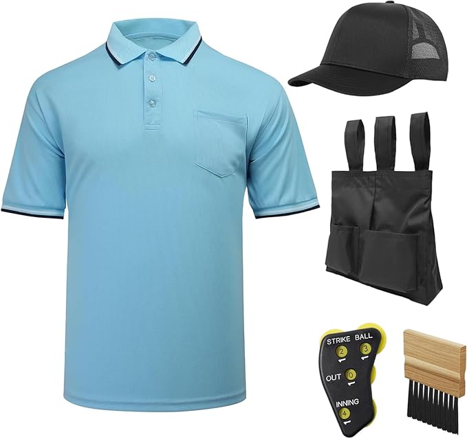 redgino 5Pcs Men’s Baseball/Softball Umpire Gear Shirt Ball Bags Clicker Hat Brush Referee Accessories Sets Jersey Kit
