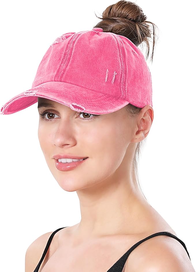 Criss Cross Ponytail Hat Women Washed Distressed Baseball Caps Adjustable High Messy Bun Ponycap