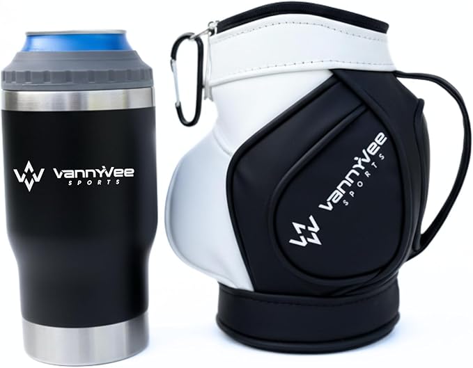 Mini Golf Bag Drink Holder & 14oz Stainless Steel Tumbler Set - Fits Multiple Can Sizes & Mixed Drinks – Fun Accessory & Golf Gift for Men and Women