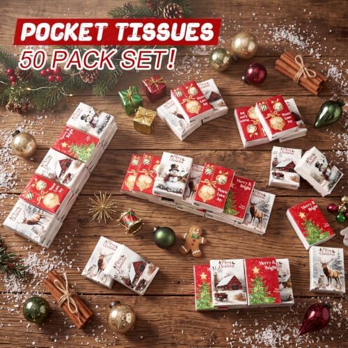 Outus 50 Pack Vintage Christmas Travel Size Pocket Tissues Stocking Stuffer