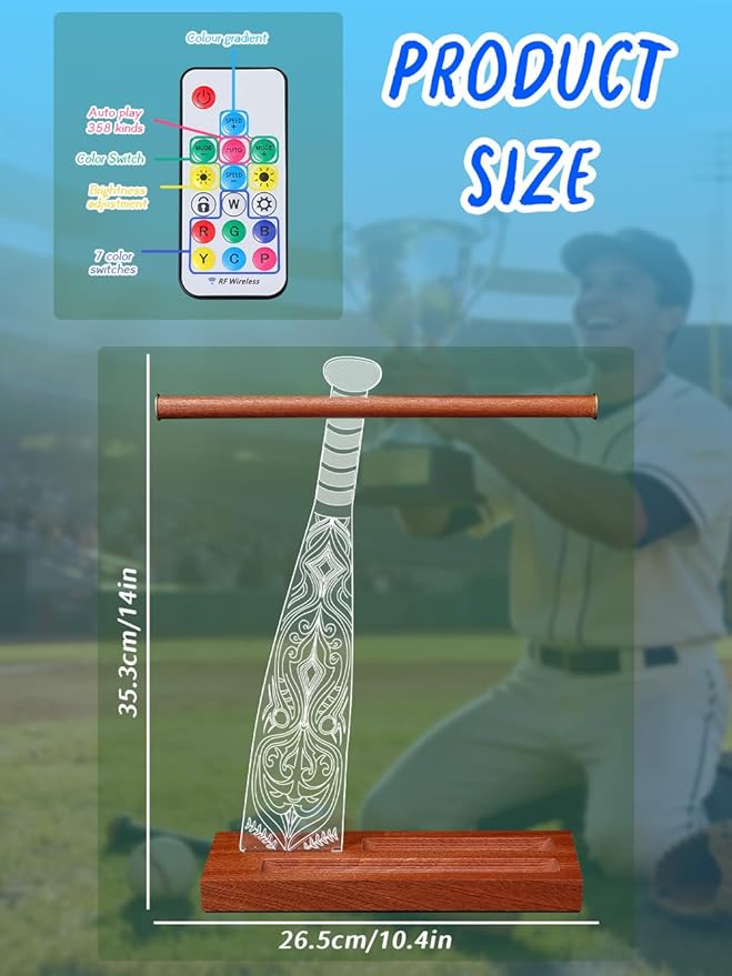 CoolGift Mart Light up Baseball Necklace Hanger and Championship Ring Display Stand, Acrylic Wooden LED Night Lamp with USB Powered, Gift for Baseball Softball Players Lovers
