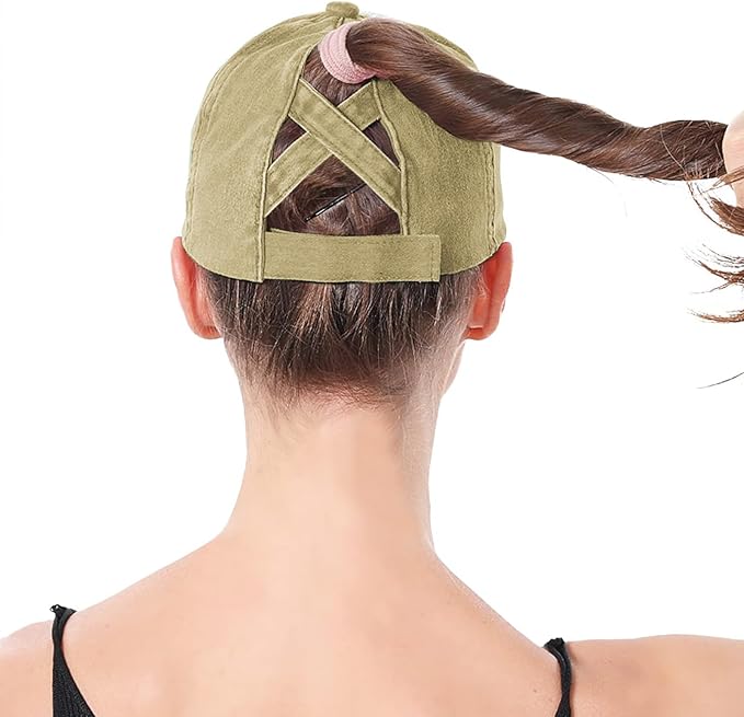 Womens Criss Cross Ponytail Baseball Cap Distressed Ponytail Hat High Messy Bun Trucker Ponycap for Outdoor Sports