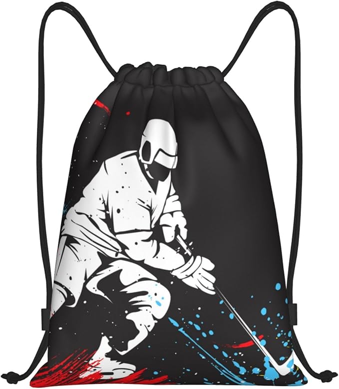 Sports-Themed Drawstring Bags with Printing a Playing Hockey Man Pattern, Kids Adults Drawstring Backpack Casual Knapsack Unisex, Black Shoulders Rucksack Bags for Gym Travel Swimming Yoga, Small