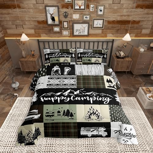 Castle Fairy Camping Camper Full Size Comforter Set,RV Inside Decor Rustic Patchwork Bedding Comforters Bedroom Collection,Farmhouse Lodge Hunting Green Check Bedding Set for Girls Teens