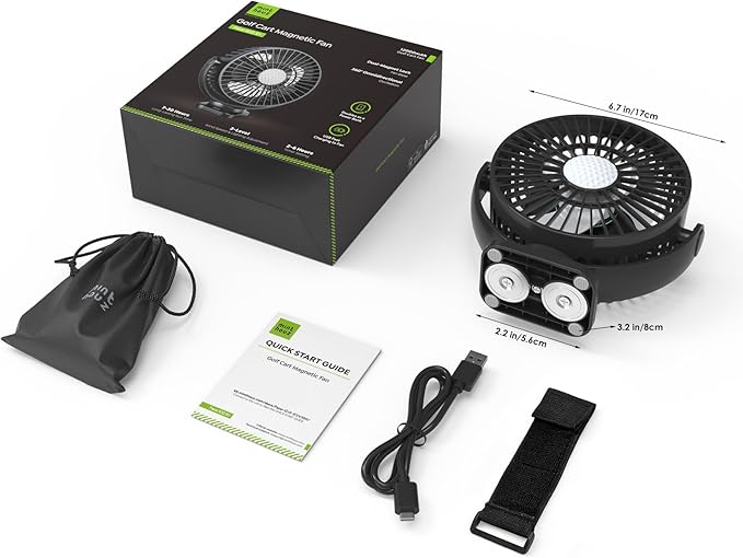 Minthouz Magnetic Golf Cart Fan, Rechargeable 12000mAh Fan, 3-Speed 360° Rotation, Timer Function, LED Lighting, Magnetic Base & Strap, Compatible with EZGO, Club Car, Yamaha Golf Carts