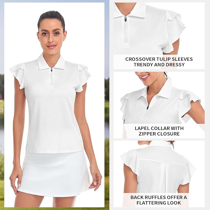 Soneven Womens Petal Sleeve Golf Shirts Moisture Wicking Lady Golf Apparel Print Tennis Sport T Shirt