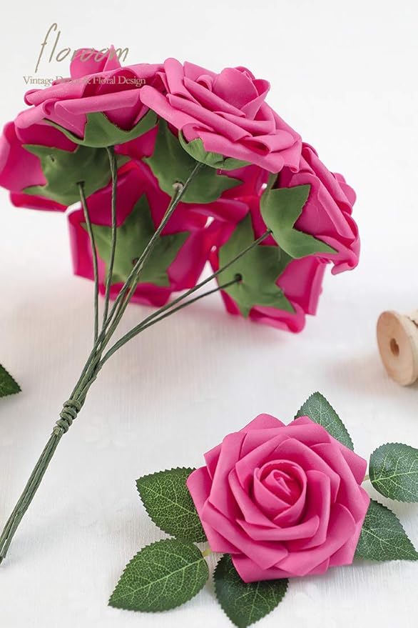 Floroom Artificial Flowers 25pcs Real Looking Hot Pink Foam Fake Roses - Image 6
