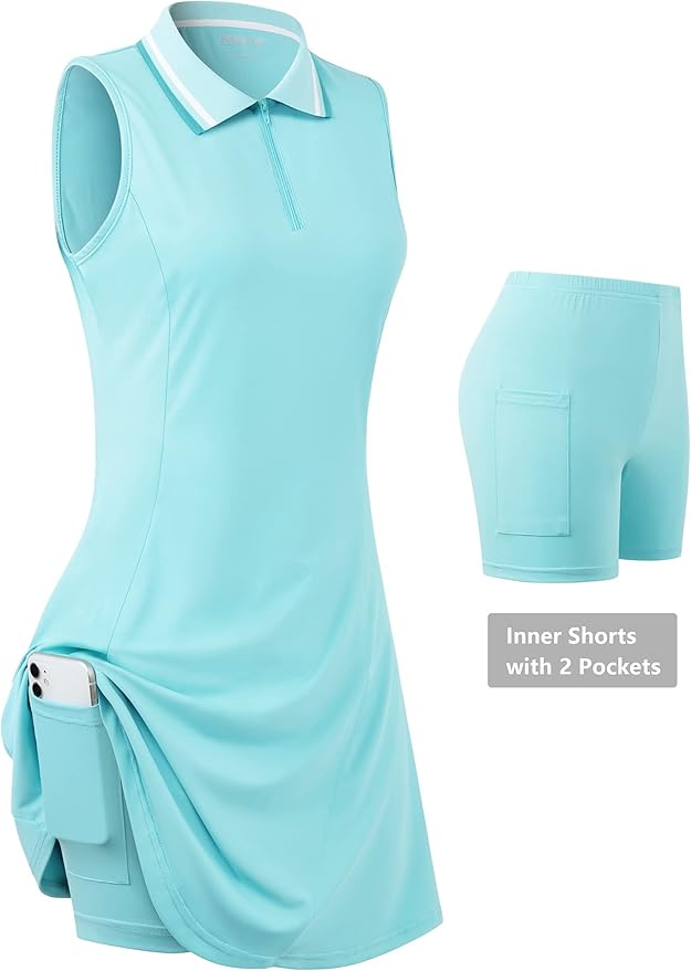 Womens Sleeveless Golf Tennis Dresses with Inner Shorts＆Pockets for Workout Exercise