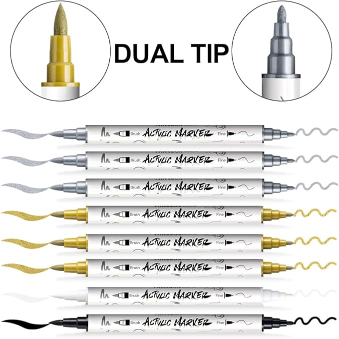 TRANSON 3 Gold, 3 Silver, 1 Black and 1 White Paint Markers Brush and Fine - Image 5
