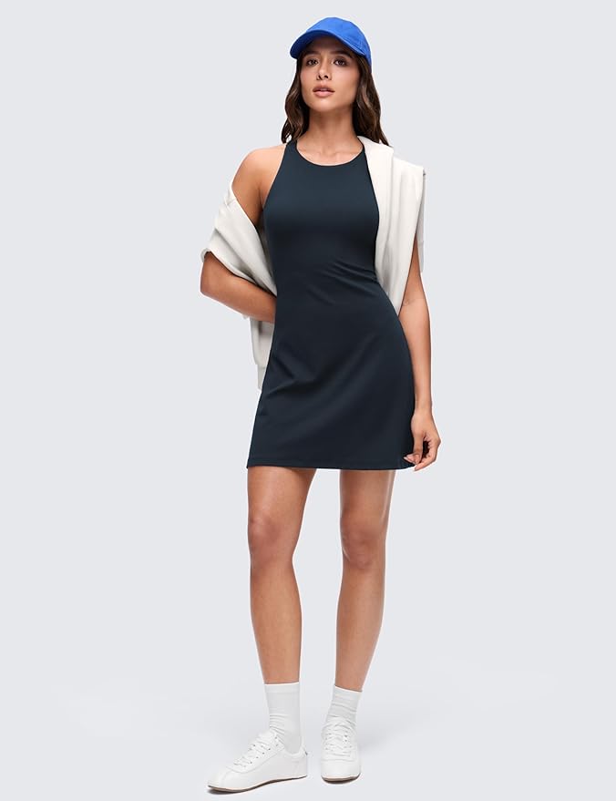CRZ YOGA Butterluxe Racerback Mini Dress for Women - A Line Crewneck Casual Travel Outfits with Bras No Built-in Shorts