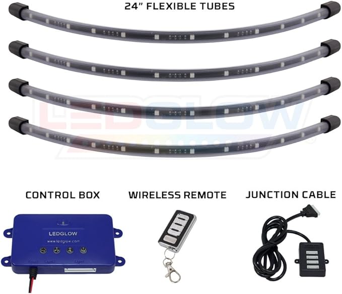 LEDGlow 4pc Standard Million Color LED Golf Cart Underglow Underbody Neon Lighting Kit Fits EZGO, Yamaha, Club Car, ICON, Evolution, Tomblerin, Star EV - Flexible Tubes - Previous Generation Model