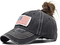 Distressed Ponytail Hat for Women American-Flag Pony Tail Caps High Bun