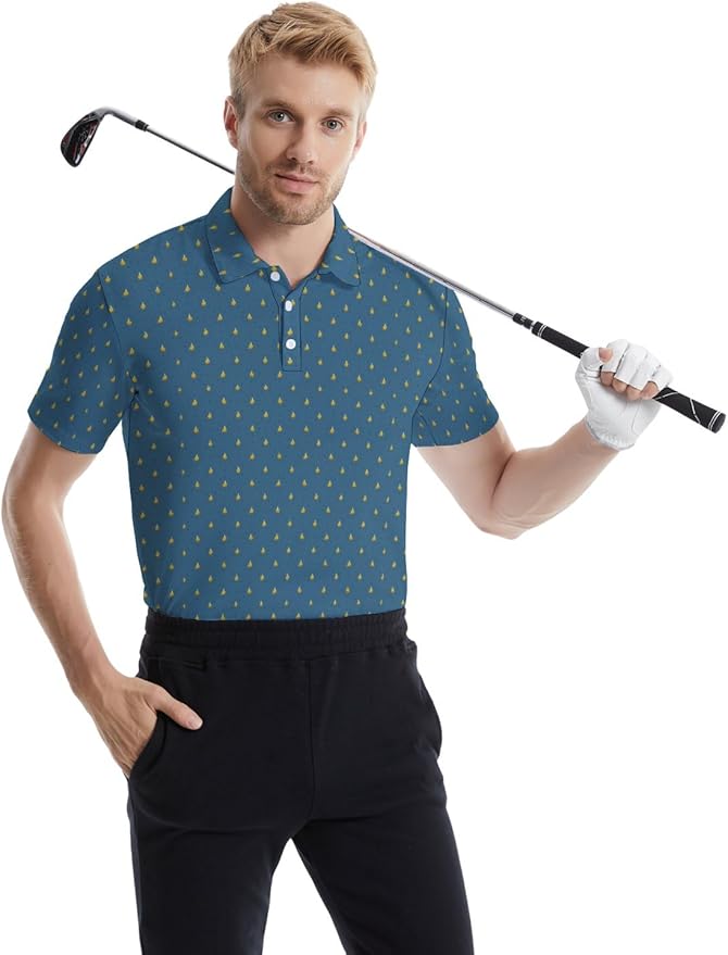 HUURAY Funny Golf Polos for Men Funny Print Short Sleeve Shirts Quick Dry Polo Shirts Hawaiian Shirt Performance Golf Outfits