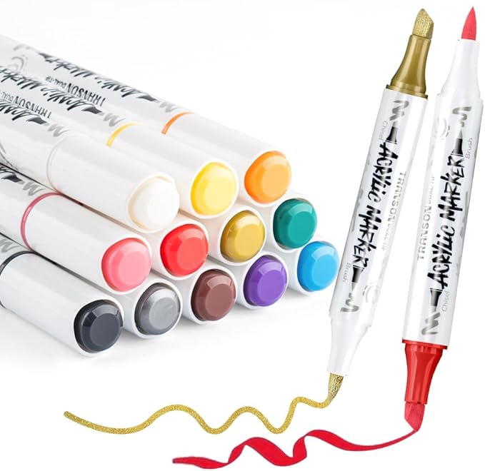 TRANSON 12 Colors Chisel and Brush Dual-tip Acrylic Paint Marker Pen Set by Transon