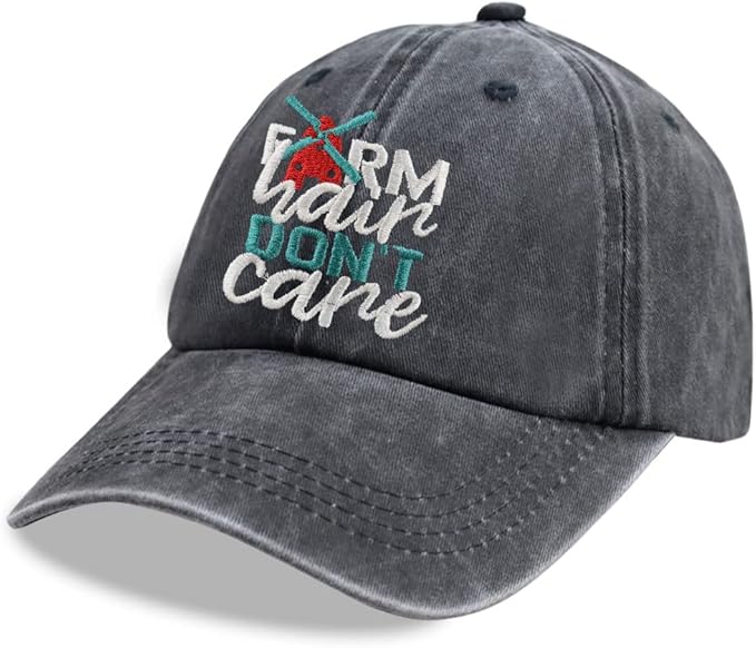 Farm Hair Don't Care Hat, Adjustable Washed Cotton Embroidered Adjustable Farm Windmill Baseball Cap for Women Men