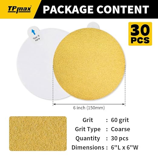 6-Inch 60-Grit Gold PSA Sanding Discs, 30 Pack – Pro-Grade Self-Adhesive - Image 2