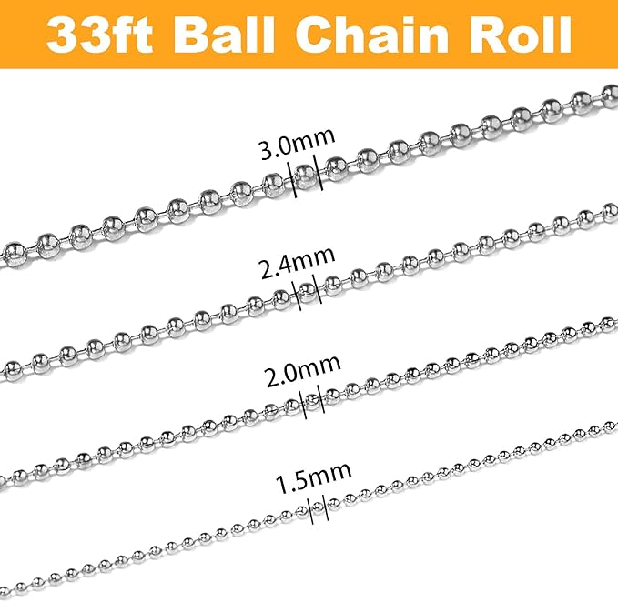 Jishi 33ft Stainless Steel Ball Chain 2mm Bead Dog Tag Chain Beaded Necklace - Image 7