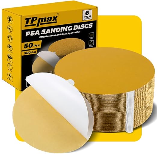 6-Inch 500-Grit Gold PSA Sanding Discs, 50 Pack – Pro-Grade Self-Adhesive by TPmax