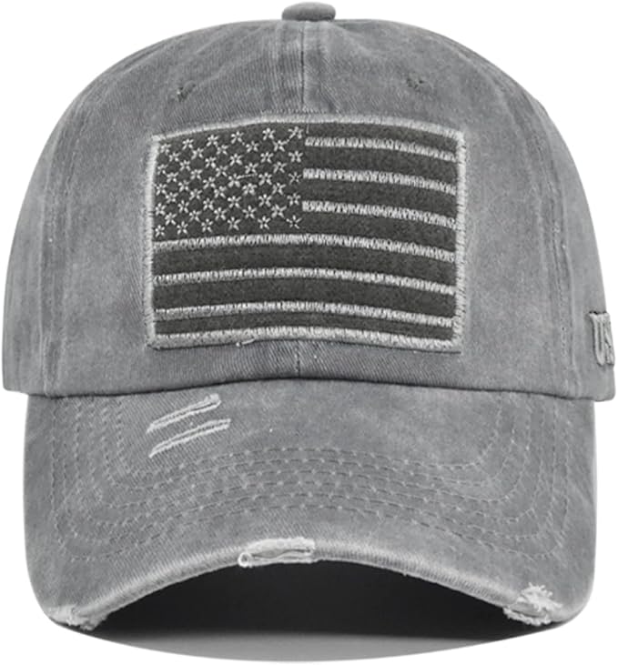 American Flag Baseball Cap, Embroidery Adjustable Washed Vintage Cotton Denim Distressed Hat for Women Men