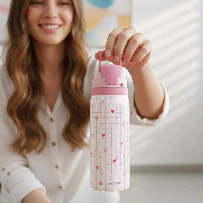 Heart Insulated Stainless Steel Water Bottle with Straw for Sports and Travel, 32oz, Gifts for Women Girls Friends Teens Birthday Christmas (Grid Background)