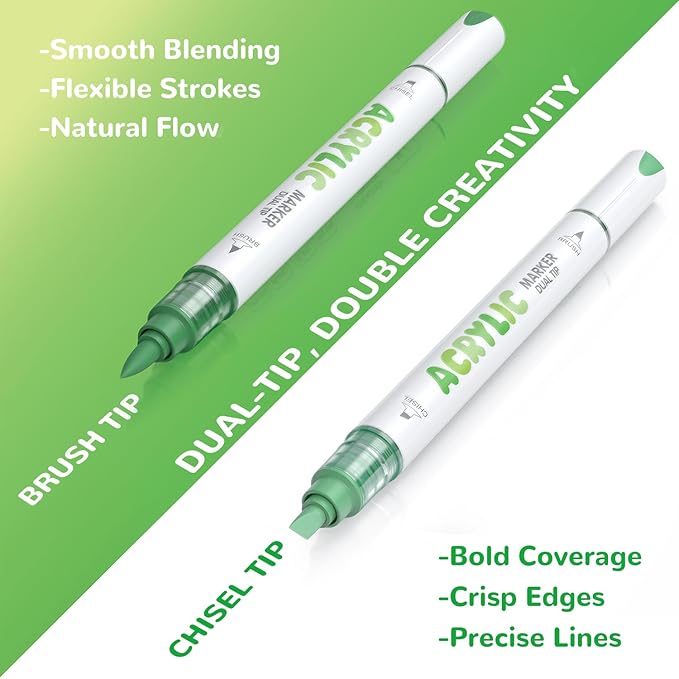 Guangna 12 Green Dual Tip Acrylic Paint Markers, Brush Tip & Chisel Tip Acrylic - Image 2