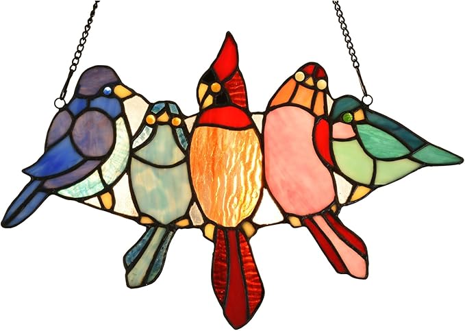 PA0011 Tropical Birds on The Wire Stained Glass Window Panel Tiffany Style - Image 2