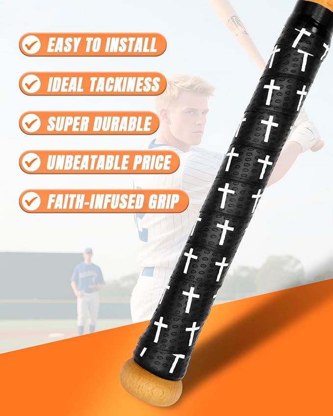 Piemow Baseball Bat Grip Tapes, Faith Cross Bat Grip Tape, 1.5mm Precut and Full Adhesive Baseball Wrist Tape, Scripture Designs Non-Slip Religious Baseball Grip Tapes for Sports