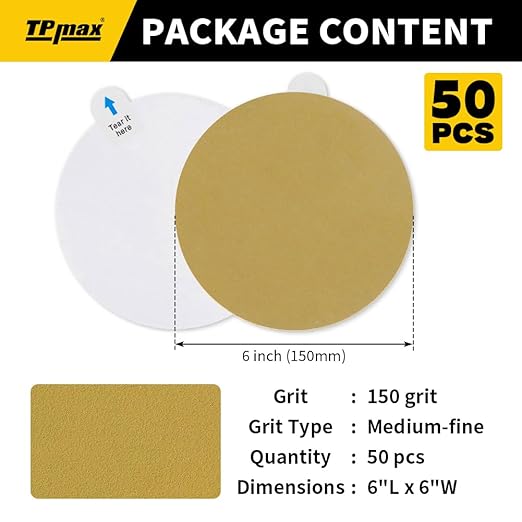 6-Inch 150-Grit Gold PSA Sanding Discs, 50 Pack – Pro-Grade Self-Adhesive - Image 2