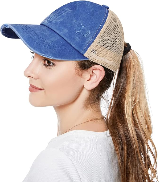 Criss Cross Hat Washed Distressed Baseball Cap Ponytail Hat High Messy Bun Ponycap for Women