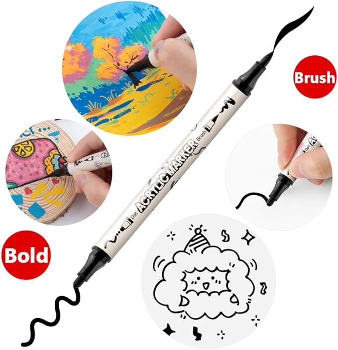 TRANSON 8 Pack Black Brush and Bold Dual-tip Acrylic Paint Marker - Image 3
