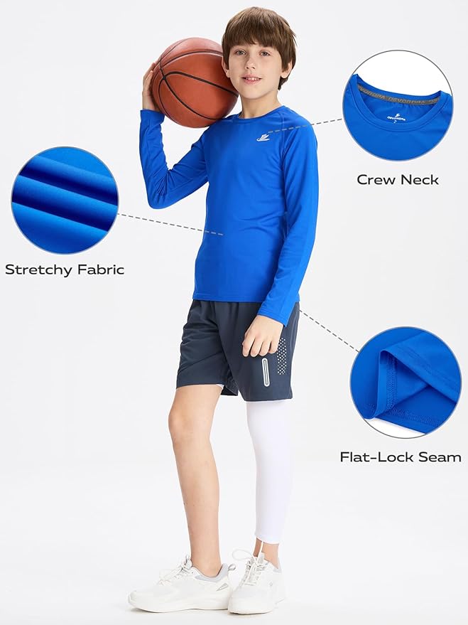 DEVOROPA Youth Boys Compression Shirt Long/Short Sleeve Football Baseball Undershirt Quick Dry Kids Sports Baselayer Crewneck
