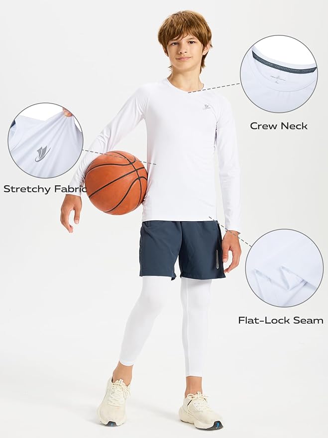 DEVOROPA Youth Boys Compression Shirt Long/Short Sleeve Football Baseball Undershirt Quick Dry Kids Sports Baselayer Crewneck