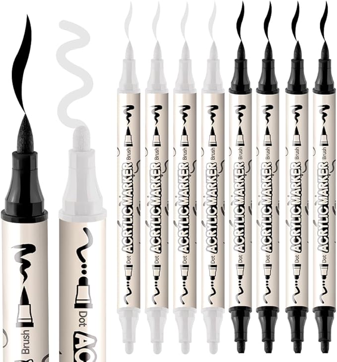 TRANSON 4 Black and 4 White Paint Markers Brush and Bold Dual-tip Acrylic Paint - Image 6