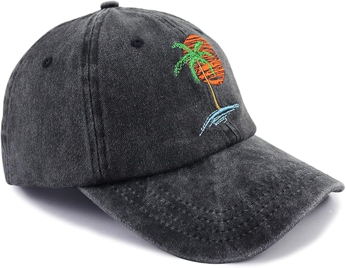 Summer Beach Sun Hat for Men Women, Tropical Themed Embroidered Adjustable Baseball Cap with Palm Tree and Sunset Design