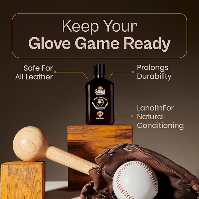 SARNA BASEBALL Glove Oil, 8 Oz – Break in Faster & Soften Leather Without Grease – Lanolin-Based Formula Helps Prevent Deterioration – Leather Oil for Gloves & Mitts Made in USA
