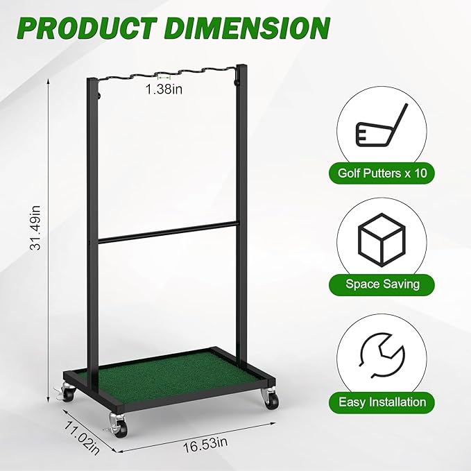 Golf Club Holder Floor Stand Golf Putter Stand with Wheels for 10 Clubs, Solid Metal Golf Club Organizer, Golf Club Storage Rack Cart for Garage Home Office, Indoor and Outdoor Use, Black