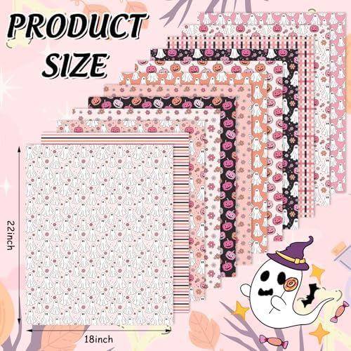 JarThenaAMCS 12 Pcs Ghost Floral Cotton Fabric Bundles 18 x 22 Inch Pumpkin Flower Fat Quarters Pink Black Holiday Sewing Fabrics for Halloween DIY Craft Party Decor