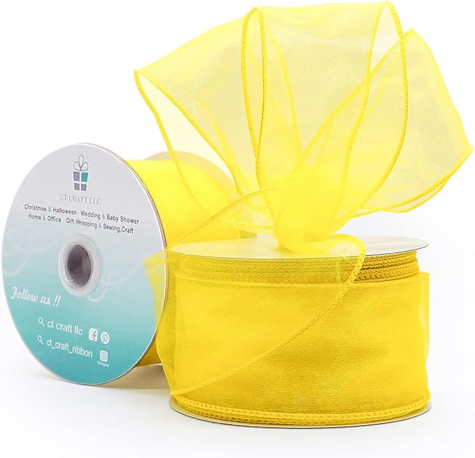 CT CRAFT LLC Sheer Organza Wired Ribbon 2.5" x 25 Yards x 2 Rolls Yellow by CTCRAFTLLC