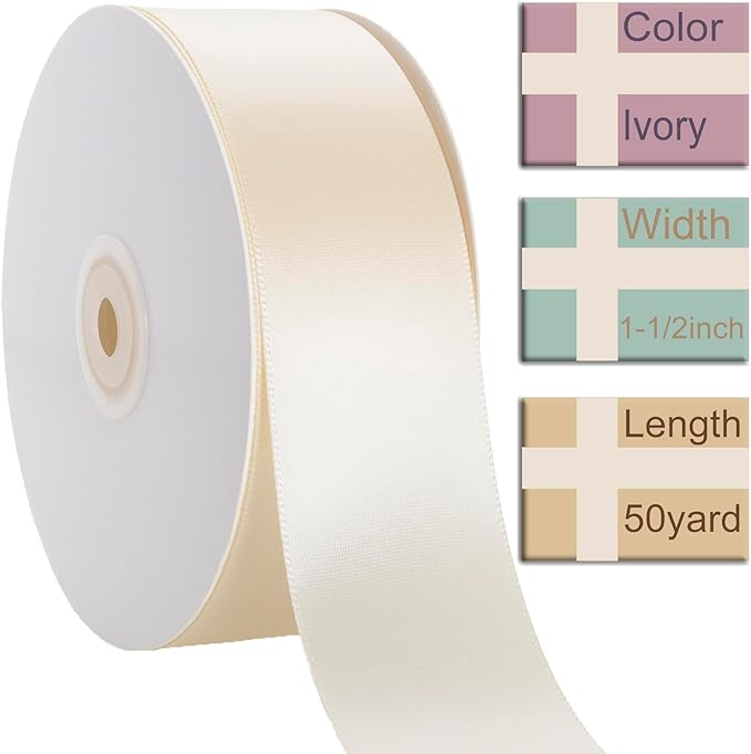 1-1/2 Inch Ivory Ribbon, 50 Yards Craft Polyester Satin Ribbon Perfect - Image 2