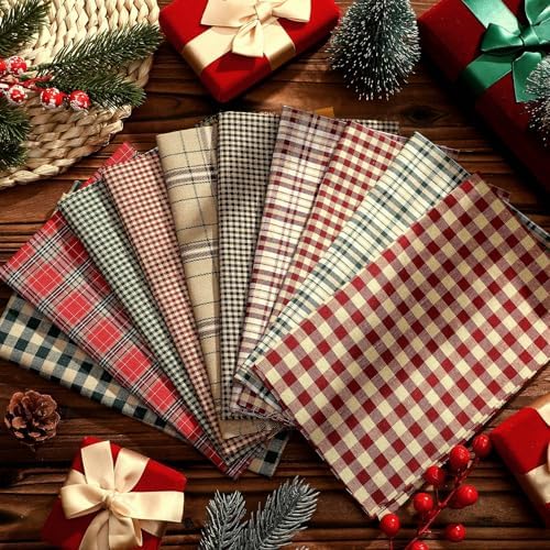 Hahafelt 10 Pcs 18"x22" Christmas Plaid Fat Quarters Gingham Fabric Bundle