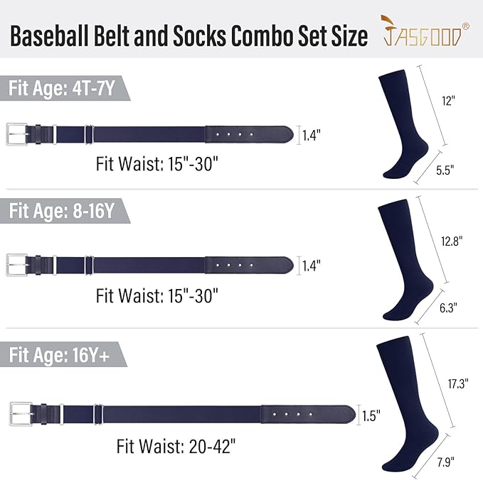 Baseball Socks and Belt for Youth Adult Softball Socks Combo Elastic Waist Belt for Men Kids Boys Girls Women JASGOOD