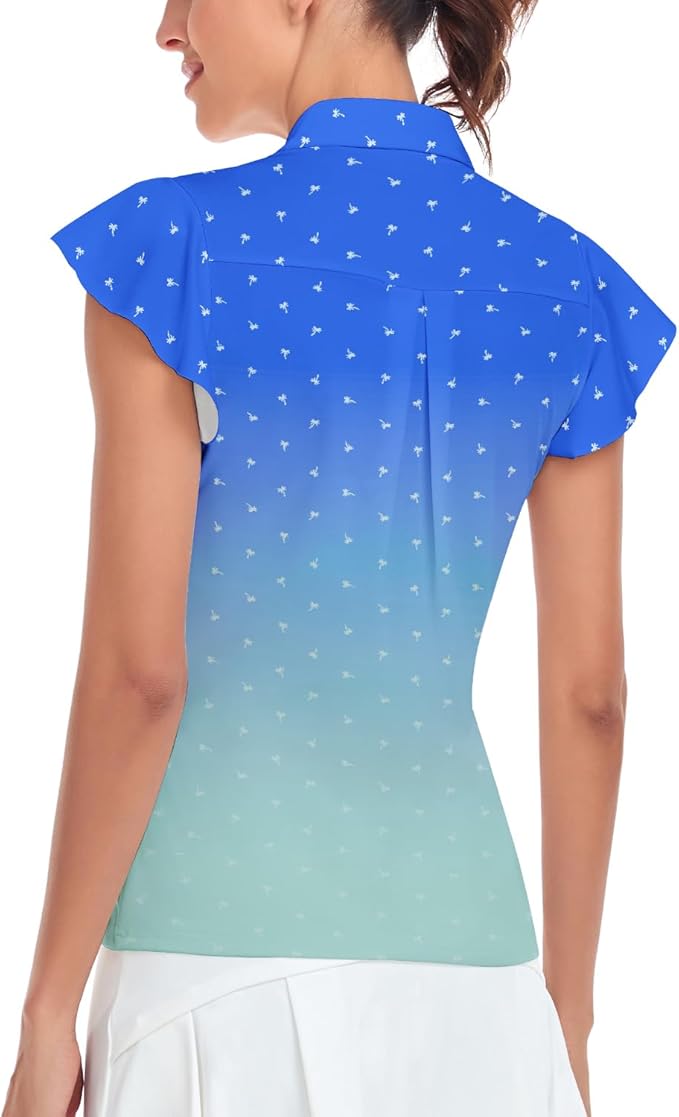 Soneven Womens Petal Sleeve Golf Shirts Moisture Wicking Lady Golf Apparel Print Tennis Sport T Shirt