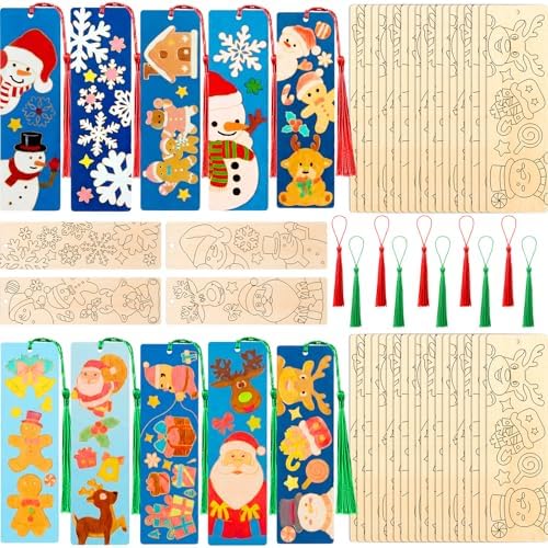 200 Pcs Christmas Wood Bookmarks to Color Bulk, Color Your Own with Tassels