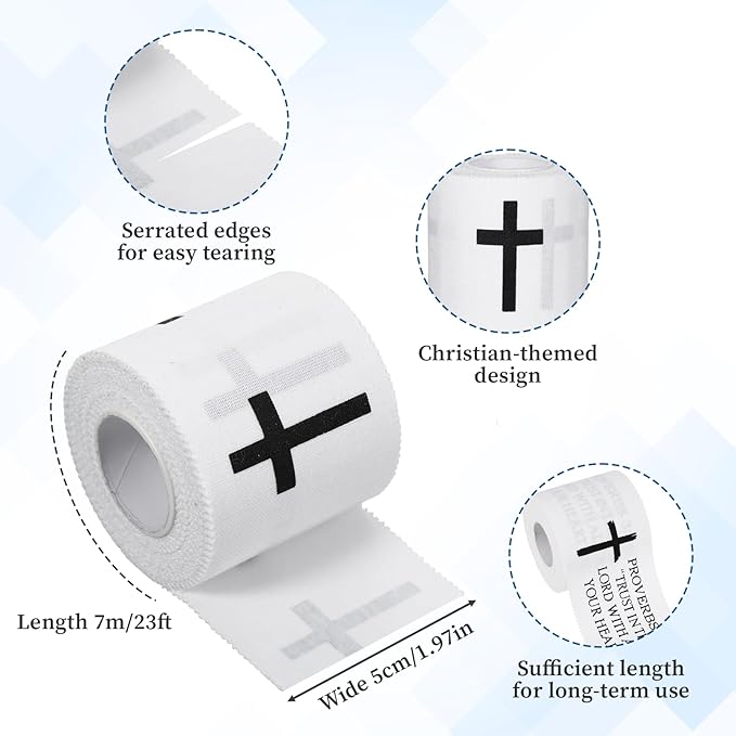 2 Pack Christian Cross Wrist Tape Athletic Sports Faith Bible Verse 2in x 23ft, Cotton White Baseball Wrist Tape Soccer Football Wristband Serrated Edges for Ankle Fingers Injury Wrap Gymnastics