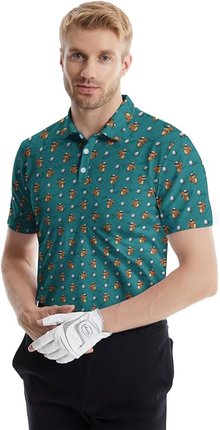 HUURAY Funny Golf Polos for Men Funny Print Short Sleeve Shirts Quick Dry Polo Shirts Hawaiian Shirt Performance Golf Outfits