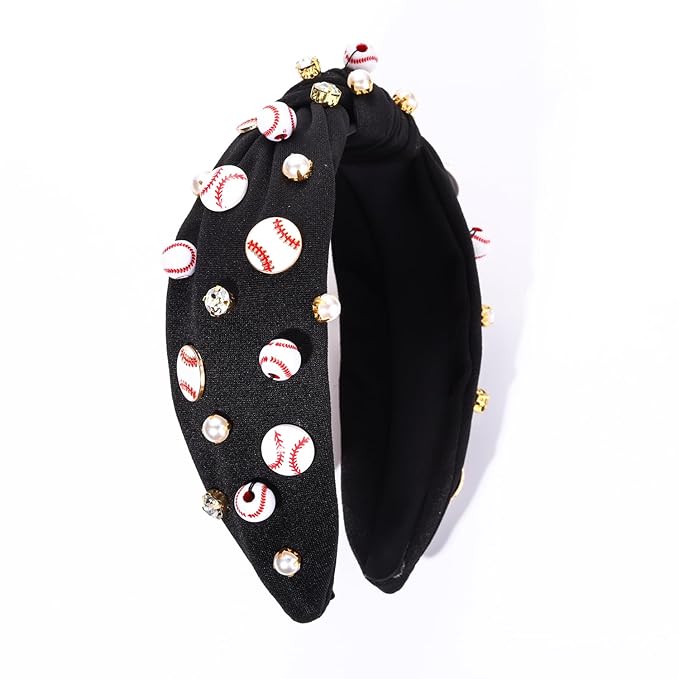 Baseball Headband for Women Baseball Accessories Beaded Crystal Pearl Knotted Headbands Baseball Charm Embellished Headbands Wide Top Knot Sports Game Day Headband Gifts (Black)